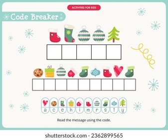 Actividades navideñas para los niños. Encuentra el mensaje de Navidad oculto en Code Breaker - Feliz Navidad. Juegos Xmas Logic para niños. Ilustración vectorial.