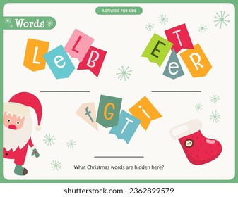 Christmas activities for kids. Find the hidden Christmas words in mixed letters – Bell, Tree, Gift. Xmas Logic games for children. Vector illustration.