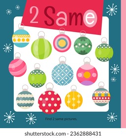 Christmas activities for kids. Find two same Christmas Ball. Logic games for kids. Vector illustration. Square page for Activity Book.