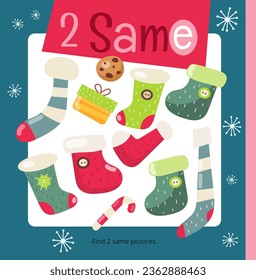 Christmas activities for kids. Find two same Christmas Stocking. Logic games for kids. Vector illustration. Square page for Activity Book.