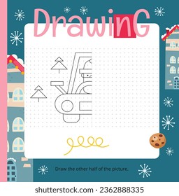 Christmas activities for kids. Finish the picture – Christmas Car and Santa Claus. Logic games for children. Coloring page. Vector illustration. Square page for Activity Book.