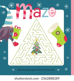 Christmas activities for kids. Help Xmas Gnome get to the Christmas tree. Maze games for kids. Vector illustration. Square page for Activity Book.