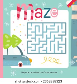 Christmas activities for kids. Help Xmas Car deliver the Christmas tree. Maze games for kids. Vector illustration. Square page for Activity Book.