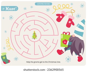 Christmas activities for kids. Help Xmas Gnome get to the Christmas tree. Round Maze games for kids. Vector illustration.