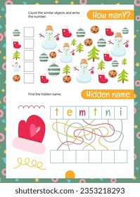 Christmas activities for kids. How many. Count the number of Christmas Decorations, Stocking, Tree, Cookie, Snowman. Find the Hidden Name. Vector illustration.