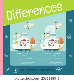 Christmas activities for kids. Spot 5 differences. Cute Christmas Santa on Ship. Vector illustration. Square page for Activity Book.