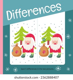 Christmas activities for kids. Spot 5 differences. Cute Christmas Santa. Vector illustration. Square page for Activity Book.