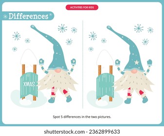 Christmas activities for kids. Spot 5 differences. Christmas Gnome and Sled. Vector illustration.