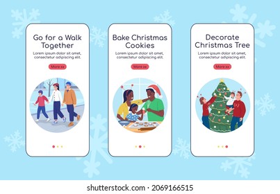 Christmas activities onboarding mobile app screen flat vector template. Walkthrough website 3 steps with characters. Creative UX, UI, GUI smartphone cartoon interface, case prints set
