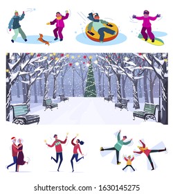 Christmas activities set. Couples, kids, families having fun, dancing, playing snowballs. Flat vector illustrations. New Year, vacation, party concept for banner, website design or landing web page