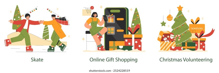 Christmas Activities set. Friends ice-skating, person online shopping, and Christmas charity volunteering. Celebrating festive season joyfully. Vector illustration.