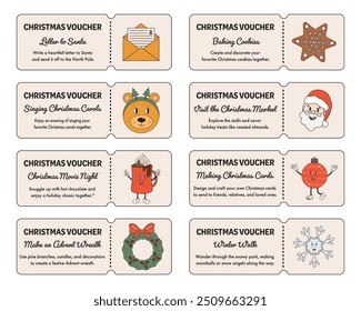 Christmas activities voucher collection. Cute coupons with Christmas advent activities. Celebrating Christmas time with family. Winter holiday season. Gift coupons, vouchers for friends and couple.