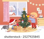 Christmas activities.Boys decorating a Christmas tree at home. Cozy living room. Kids prepare for Christmas.