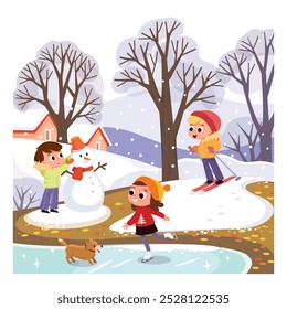 Actividades de Navidades. Esquí infantil, un niño haciendo un muñeco de nieve, una niña patinando sobre hielo. Los niños tienen tiempo libre al aire libre en invierno. Escena de invierno. Paisaje nevado con gente.