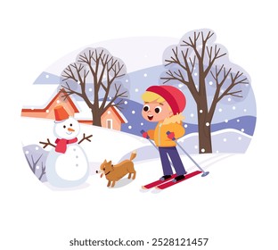 Christmas activities.Child skiing. A snowman stays outside. Child enjoying winter time.