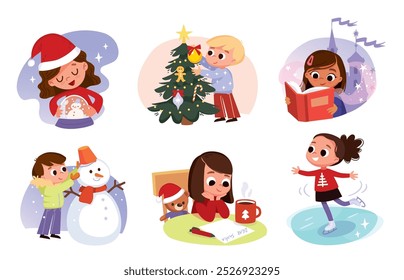 Christmas activities.Child escrevendo uma carta para Papai Noel, patinação no gelo infantil, menino fazendo um boneco de neve, menino decorando uma árvore de Natal. Criança lendo um livro. As pessoas se preparam para o Natal.