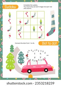 Christmas Activity Pages for Kids. Printable Activity Sheet with Cute Christmas Characters Mini Games – Dot to dot, Sudoku. Vector illustration.