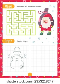 Christmas Activity Pages for Kids. Printable Activity Sheet with Christmas Characters  Mini Games – Maze, Copy the picture. Page for Activity Book. Vector illustration.