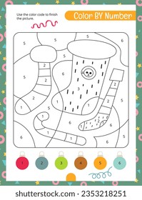 Christmas Activity Pages for Kids. Printable Activity Sheet with Christmas Socks Mini Games – Color by number. Page for Xmas Activity Book. Vector illustration.