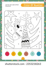 Christmas Activity Pages for Kids. Printable Activity Sheet with Reindeer Mini Games – Color by number. Page for Xmas Activity Book. Vector illustration.