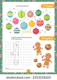 Christmas Activity Pages for Kids. Printable Activity Sheet with Christmas Symbols Mini Games – Find 2 same pictures, Draw the over half Gingerbread Man. Vector illustration.