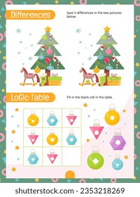 Christmas Activity Pages for Kids. Printable Activity Sheet with Xmas Mini Games – Spot 5 differences, Logic Table. Page for Christmas Activity Book. Vector illustration.