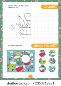 Christmas Activity Pages for Kids. Printable Activity Sheet with Christmas Symbols Mini Games – Find the missing piece, Draw the over half. Vector illustration.