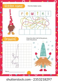 Christmas Activity Pages for Kids. Printable Activity Sheet with Christmas Gnomes Mini Games – Find the Hidden Name, Draw the over half Gnome. Vector illustration.