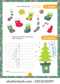 Christmas Activity Pages for Kids. Printable Activity Sheet with Christmas Symbols Mini Games – Find 2 same pictures, Draw the over half. Vector illustration.