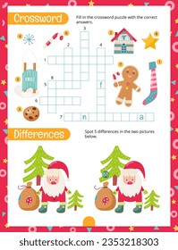 Christmas Activity Pages for Kids. Printable Activity Sheet with Christmas Characters Mini Games – Crossword, Spot 5 Differences. Page for Xmas Activity Book. Vector illustration.