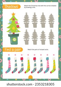 Christmas Activity Pages for Kids. Printable Activity Sheet with Christmas Mini Games – Correct shadows, Find the Pairs. Page for Xmas Activity Book. Vector illustration.