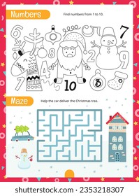 Christmas Activity Pages for Kids. Printable Activity Sheet with Cute Christmas Characters Mini Games – Maze, Find numbers from 1 to 10. Vector illustration.