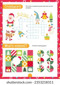 Christmas Activity Pages for Kids. Printable Activity Sheet with Christmas Characters Mini Games – Crossword, Find the Missing Piece. Page for Xmas Activity Book. Vector illustration.