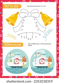 Christmas Activity Pages for Kids. Printable Activity Sheet with Christmas Characters Mini Games – Dot to dot, Spot 5 differences. Vector illustration.