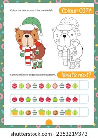 Christmas Activity Pages for Kids. Printable Activity Sheet with Christmas Mini Games – Colour Copy Bear, Complete the Pattern. Page for Xmas Activity Book. Vector illustration.