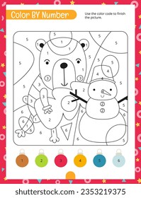 Christmas Activity Pages for Kids. Printable Activity Sheet with Bear and Snowman Mini Games – Color by number. Page for Xmas Activity Book. Vector illustration.