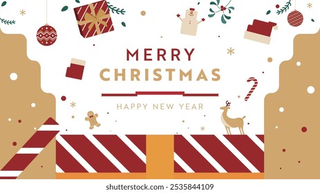 Christmas ad background template decorated with gift boxes, snowmen, and Santa Claus (gold)