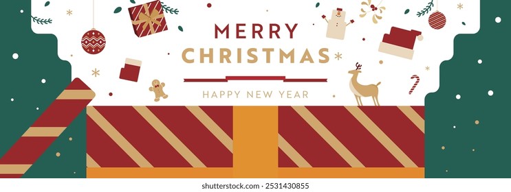 Natal e banner modelo de fundo decorado com caixas de presente, bonecos de neve e Papai Noel (verde)