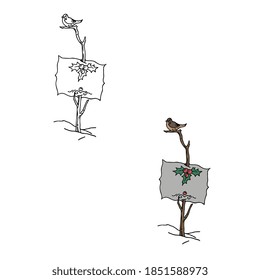 Christmas ad, twigs, bird, holly vector illustration in color and outline sketch style