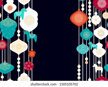 Christmas adornment - garland with christmas balls, baubles, scandinavian dala horses 