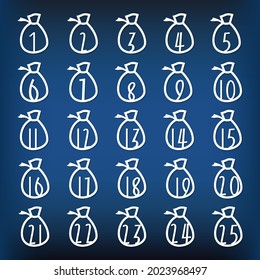 Christmas advent calendar 1-25 december for laser cutting. Calendar for kids. Vector illustration of gift bags.