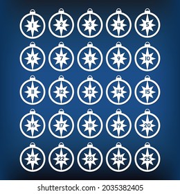 Christmas advent calendar 1-25 december for laser cutting. Calendar for kids. Vector Illustration of crooked Christmas balls with a Christmas star inside with number 1-25.