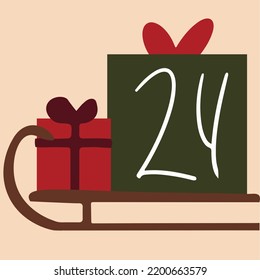 Christmas advent calendar 23. Sleigh with gifts. Vector illustration