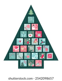 Christmas Advent Calendar for 24 days. Christmas decorations. Christmas tree shaped advent calendar. Vector illustration