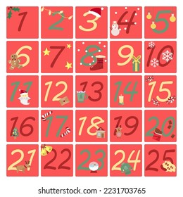 Christmas  Advent calendar with 24 windows . Xmas Poster. Vector illustration