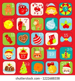 Christmas Advent calendar. 25 days colorful countdown icons with traditional New Year holidays symbols