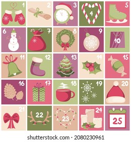 Christmas advent calendar for 25 days December. Xmas vector poster. 