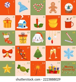 Christmas advent calendar for 25 days with decorative holiday elements. December countdown printable labels for kids. Vector festive set on red, green, background