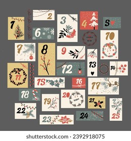 Christmas Advent calendar for 25 days. Vector illustration. Cozy calendar.