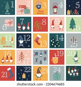 Christmas advent calendar - 25 hand drawn cards is a December countdown calendar vector illustration, christmas eve creative winter set with numbers.